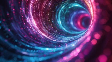 Abstract background with futuristic light and colorful glowing lines in dark blue, green, and pink colors, in the style of a futuristic digital technology design, closeup of a curved spiral tunnel