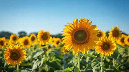 sunflower, flower, field, summer, nature, yellow, sky, agriculture, sunflowers, sun, plant, blue, bright, flora, blossom, flowers, leaf, beauty, plants, blooming, growth, spring, seed, petal, petals