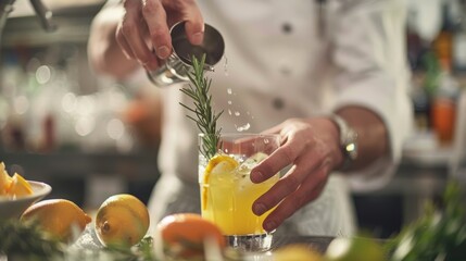 A chef carefully measures ingredients for a mocktail using the same precision and attention to detail as they would for an alcoholic cocktail.