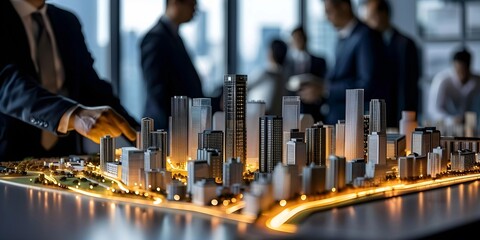 Businessman points at urban city model in office, real estate property development plans, market studies