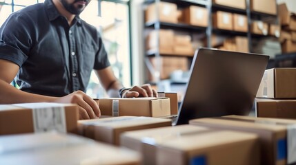 Entrepreneurial SME owner preparing boxes checking laptop inventory management, drop shipping, online business