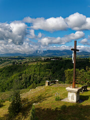 View from Rozay Belvedere in Condrieu, overlooking Rhone river and Pilat mountain range, France