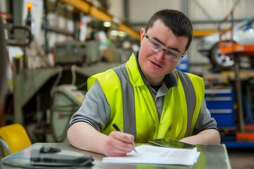Dedicated worker with down syndrome special needs embodying inclusion in industrial factory setting
