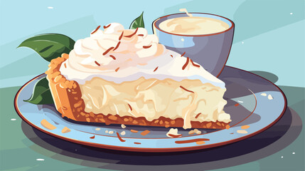 Plate with tasty coconut pie on color background 2d