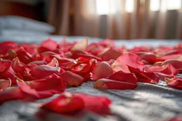 Red and pink rose petals on the bed in the hotel rooms