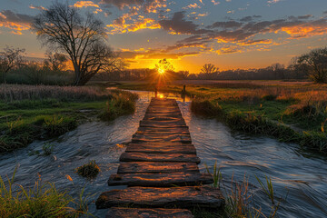 Photo of a wooden bridge over a river in an open field at sunset, with the sun setting behind it. Created with Ai - Powered by Adobe