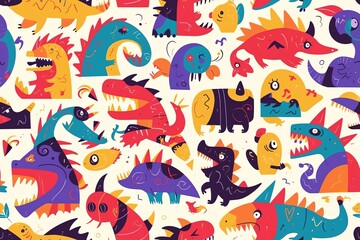 Fantastical forests with fantastical creatures seamless pattern