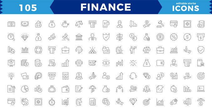 Pixel Perfect Finance  line icons set. Money payments elements outline icons collection. Payments elements symbols. Currency, money, bank, cryptocurrency, piggy, balance,editable stroke.