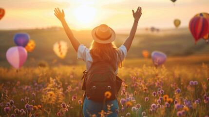 Young woman standing with arms raised in a field of flowers at sunset with hot air balloons in the background