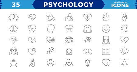 Pixel Perfect Psychology and mental line icons collection.minimal thin line web icon set. Big UI icon set in a flat design. Thin outline icons pack, editable stroke.