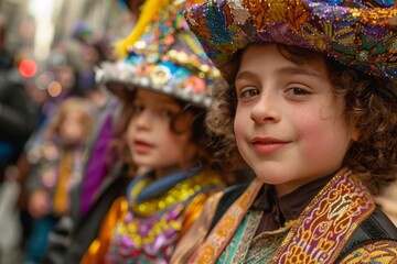 Fototapeta premium The energetic celebration of Purim spills out onto the streets of the evening city. Joyful smiling Jewish children dressed in bright colorful costumes.