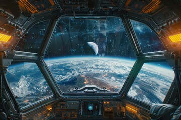 fantasy illustration with a view out into space from inside a spaceship cabine