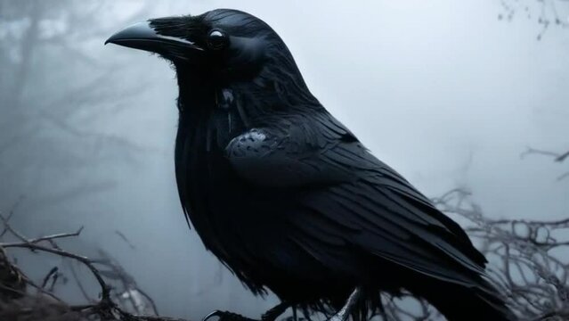 Poe's raven animated fog blackbird, crow, poetic moody dark emo misty, creepy dirty aesthetic, shadowbox noir style spooky, grime, grimy, gritty, organic dirt cracked.