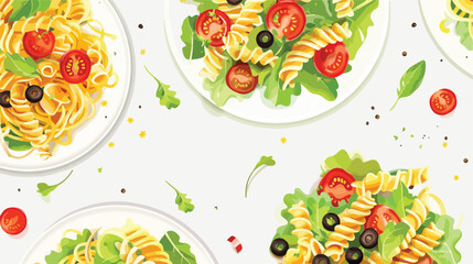 Plates with tasty pasta salad on light background 2