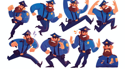 Policeman poses vector illustration set. Cartoon be