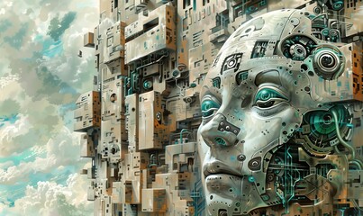 an artwork that captures the essence of Artificial Intelligence in contemporary society. Consider the multifaceted nature of AI technologies, including machine learning, natural language processing.