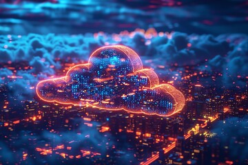 Conceptual image of a cloud made of digital circuits and code, floating over a modern cityscape, representing cloud computing services