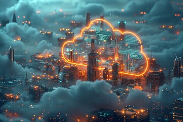 Conceptual image of a cloud made of digital circuits and code, floating over a modern cityscape, representing cloud computing services - Powered by Adobe