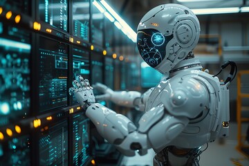 Fototapeta premium Futuristic AI lab bustling with robotic arms fine-tuning neural networks, engineers monitoring data flows on holographic displays