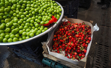 Fruits and vegetables sold in Ankara Ulus vegetable and fruit market. Strawberry, apple, banana, cauliflower, peach, lemon, apricot, pepper, salad, eggplant.