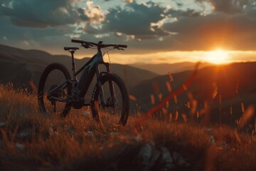 Electric mountain bike against a sunset landscape in a hilly area. The golden light of the setting sun softly outlines picturesque hills, large stones, dry grass and purple clouds. - Powered by Adobe