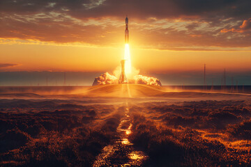 rocket launch from a space center in steppe - Powered by Adobe