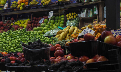 Fruits and vegetables sold in Ankara Ulus vegetable and fruit market. Strawberry, apple, banana, cauliflower, peach, lemon, apricot, pepper, salad, eggplant.