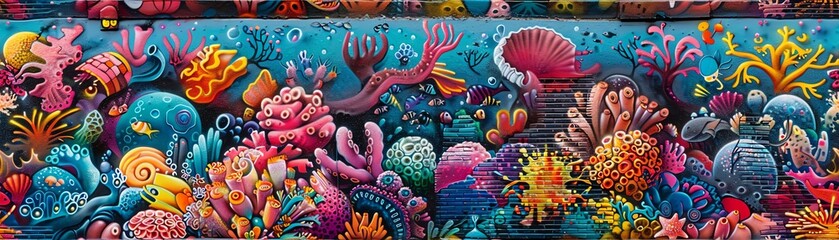 Capture a mesmerizing high-angle view of vibrant underwater creatures intertwined with colorful street art murals, blending nature and urban culture in a harmonious display