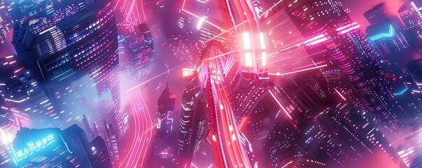 Capture a mesmerizing panoramic view of aerial ballet dancers gracefully moving through a futuristic cityscape at dusk