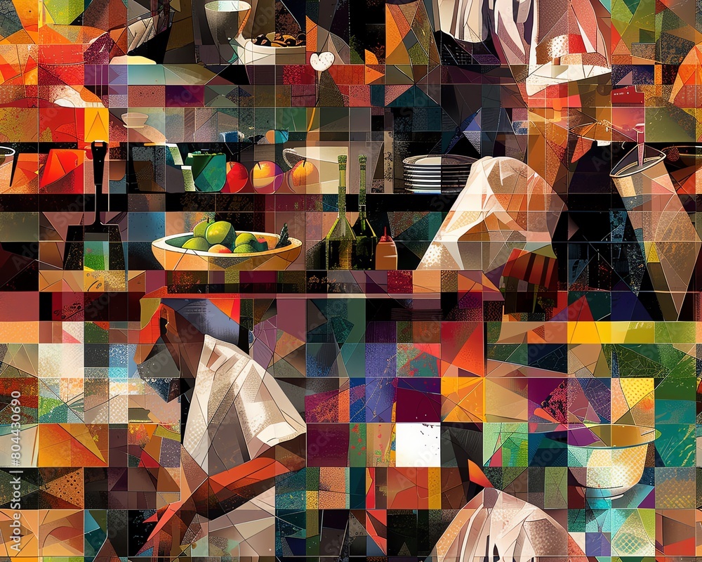 Poster capture the essence of cubism through a frontal view of a chef at work