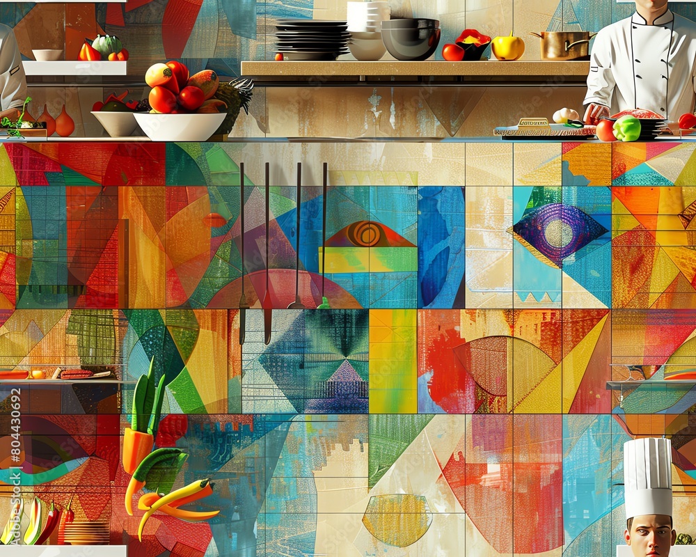 Poster capture the essence of cubism through a frontal view of a chef at work