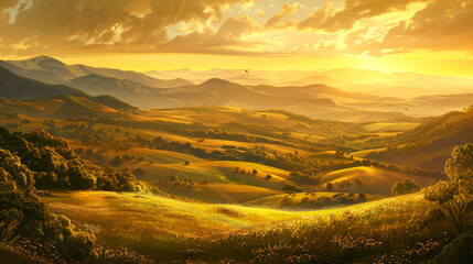 Sun-Kissed Valley A breathtaking vista of a valley basking in the golden glow of sunlight with rolling hills and meadows stretching as far as the eye can see.