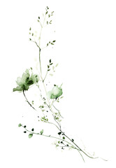 Watercolor painted meadow greenery bouquet frame on white background. Green wild plants, branches, leaves and twigs.