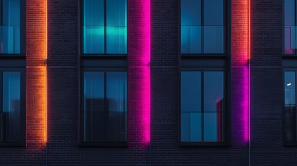 Black brick buildings bathed in neon lights
