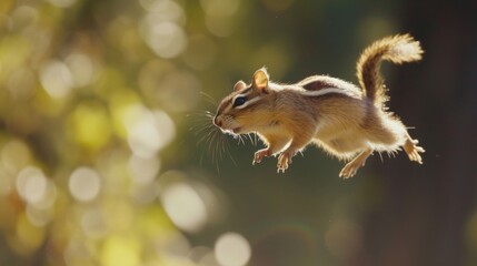 Chipmunk is caught in a jump, his fur coat is tousled by the wind, he flies through the air