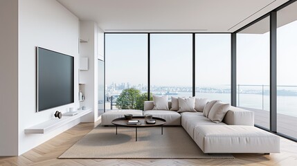 Fototapeta premium White minimalist living room interior with sofa on the floor. With white walls, sunlight comes in through the windows. 3D illustration