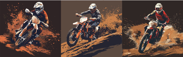 Dynamic depiction of a dirt bike racer in action, showcasing vibrant brown and orange splashes against a dark backdrop.