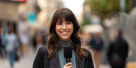 Female tv news, young smiling woman outside on street with microphone, copy space. Reporter broadcasting live from a public place.