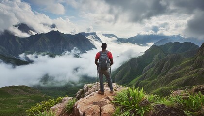 Alpine Adventure: Exploring Wilderness Wonders Amidst Dramatic Skies and Mountain Heights. Generative AI