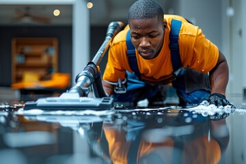 Determined worker in orange vest is meticulously vacuuming water from a shiny floor, reflecting his dedication to the job