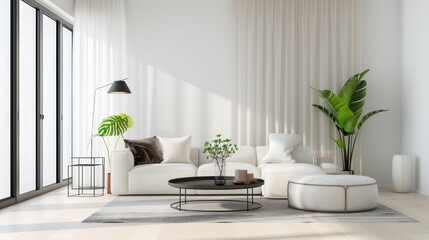 White minimalist living room interior with sofa on the floor. With white walls, sunlight comes in through the windows. 3D illustration