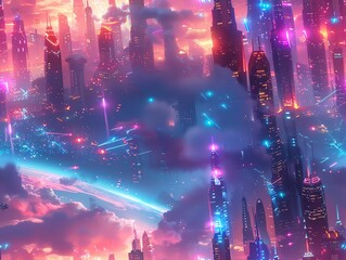 Fototapeta premium Explore a low-angle view of a futuristic cityscape merging advanced holographic displays with dream-like surrealist elements Incorporate vibrant neon colors against an inky night s