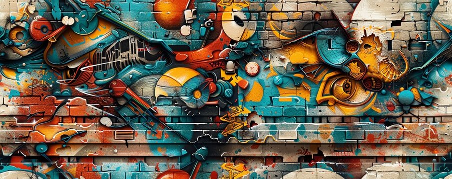 Fuse the raw energy of street art with musical motifs in a frontal view composition, applying digital techniques to create a photorealistic blend that pops off the screen