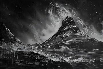 a black and white photo of a mountain range with a dark sky and a light coming from the top of the mountain.