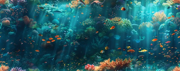 Illustrate a mesmerizing underwater world where advanced CG 3D submarines coexist with vibrant coral reefs painted in the style of traditional Impressionism Let beams of digital li