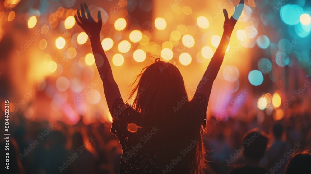 Poster A woman stands confidently in front of a cheering crowd at a concert, engaging with the audience and embracing the energy of the performance.