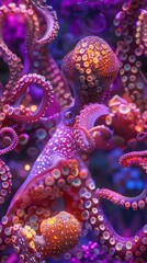 Fototapeta premium Imagine a robotic octopus elegantly gliding through a neon coral reef