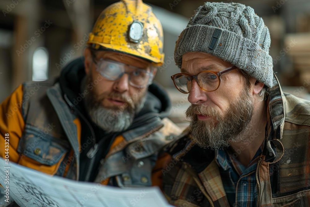 Poster blurred faces of two focused workers discussing over a blueprint in a workshop environment