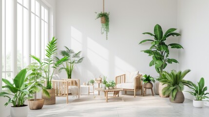 Fototapeta premium White minimalist living room interior with sofa on the floor. With white walls, sunlight comes in through the windows. 3D illustration