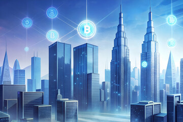 Macro View of a Futuristic Cityscape with Digital Currency Symbols Projected onto Skyscrapers